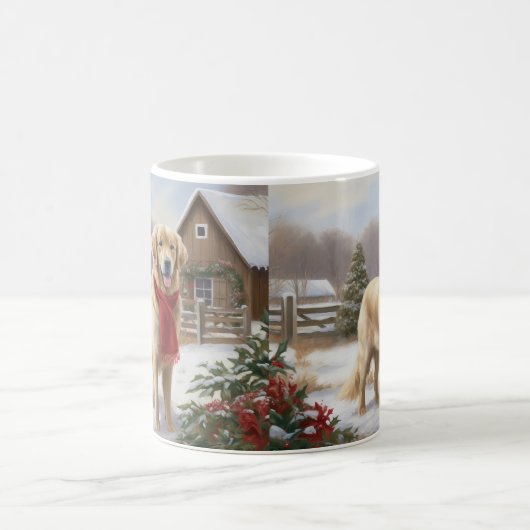 雪のクリスマスにゴールデンレトリバー犬 コーヒーマグカップ (中央)