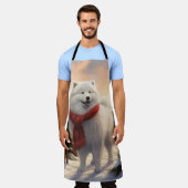 雪のクリスマスにサモイドッグ エプロン (着用した状態)