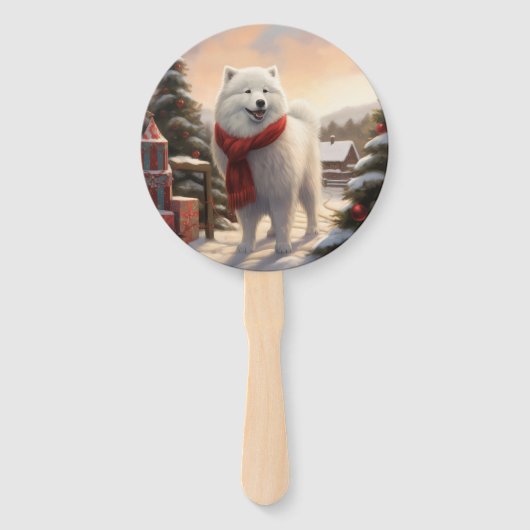 雪のクリスマスにサモイドッグ ハンドファン (正面)