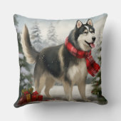 雪のクリスマスにシベリアのハスキー犬 クッション (裏面)