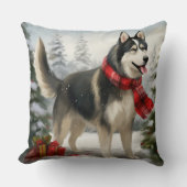 雪のクリスマスにシベリアのハスキー犬 クッション (正面)
