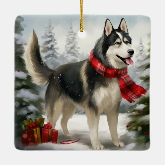 雪のクリスマスにシベリアのハスキー犬 セラミックオーナメント (裏面)