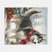 雪のクリスマスにシベリアのハスキー犬 フリースブランケット (正面(横))