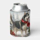 雪のクリスマスにシベリアのハスキー犬 缶クーラー (缶正面)