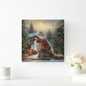 雪のクリスマスにシベリア猫 スクエア壁時計 (ホーム)