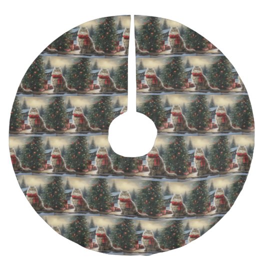 雪のクリスマスにシベリア猫 ブラッシュドポリエステルツリースカート (正面)