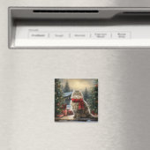 雪のクリスマスにシベリア猫 マグネット (インサイチュ (食洗機))