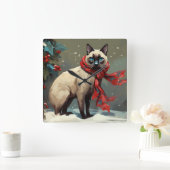 雪のクリスマスにシャム猫 スクエア壁時計 (ホーム)