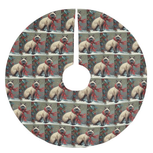 雪のクリスマスにシャム猫 ブラッシュドポリエステルツリースカート (正面)