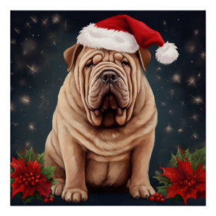 雪のクリスマスにシャールペイ犬 ポスター