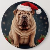 雪のクリスマスにシャールペイ犬 缶バッジ (正面)
