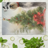 雪のクリスマスにシュナウザー犬 キッチンタオル (折り畳み)