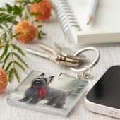 雪のクリスマスにスカイテリア犬 キーホルダー (正面右)