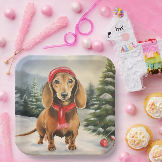 雪のクリスマスにダシュント犬 ペーパープレート (パーティー)
