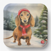 雪のクリスマスにダシュント犬 ペーパープレート (正面)