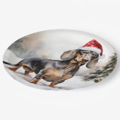 雪のクリスマスにダシュント犬 ペーパープレート (アングル)