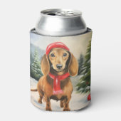 雪のクリスマスにダシュント犬 缶クーラー (缶正面)