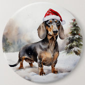 雪のクリスマスにダシュント犬 缶バッジ (正面)