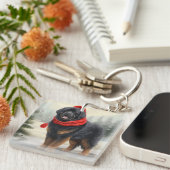 雪のクリスマスにチベットのマスティフ犬 キーホルダー (正面右)