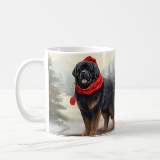 雪のクリスマスにチベットのマスティフ犬 コーヒーマグカップ (左)