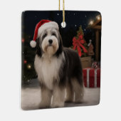 雪のクリスマスにチベットテリア犬 セラミックオーナメント (右)