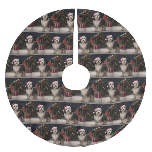 雪のクリスマスにチベットテリア犬 ブラッシュドポリエステルツリースカート (正面)