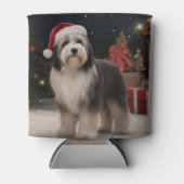 雪のクリスマスにチベットテリア犬 缶クーラー (正面)