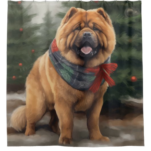 雪のクリスマスにチャウ・ドッグ シャワーカーテン (正面)