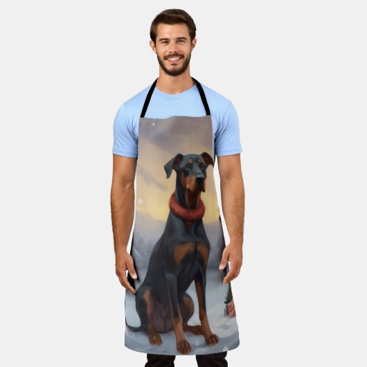 雪のクリスマスにドベルマン犬 エプロン (着用した状態)