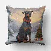 雪のクリスマスにドベルマン犬 クッション (正面)