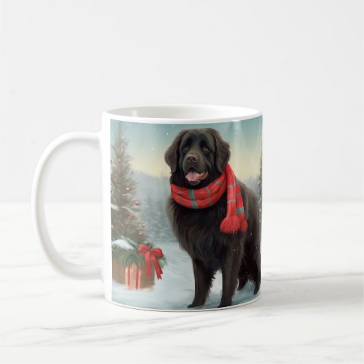 雪のクリスマスにニューファンドランド犬 コーヒーマグカップ (左)