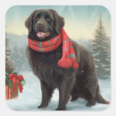 雪のクリスマスにニューファンドランド犬 スクエアシール (正面)