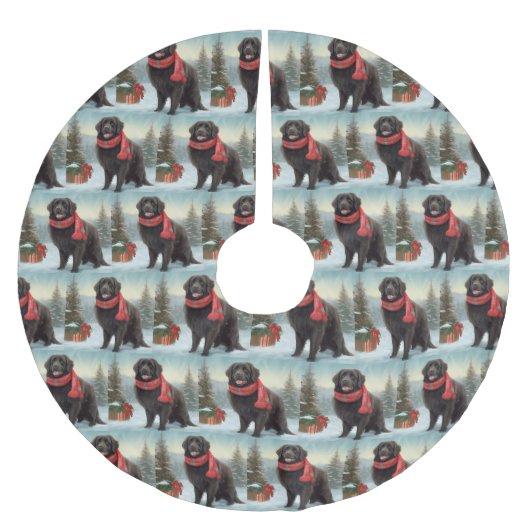 雪のクリスマスにニューファンドランド犬 ブラッシュドポリエステルツリースカート (正面)