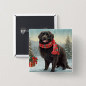雪のクリスマスにニューファンドランド犬 缶バッジ (正面&裏面)