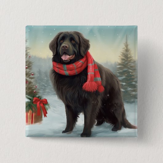 雪のクリスマスにニューファンドランド犬 缶バッジ (正面)