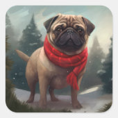 雪のクリスマスにパグ犬 スクエアシール (正面)