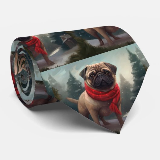 雪のクリスマスにパグ犬 ネクタイ (ロール)