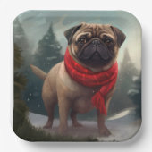 雪のクリスマスにパグ犬 ペーパープレート (正面)