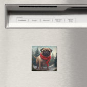 雪のクリスマスにパグ犬 マグネット (インサイチュ (食洗機))