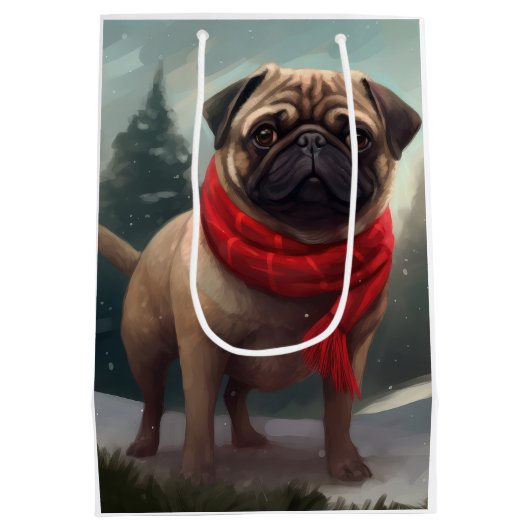 雪のクリスマスにパグ犬 ミディアムペーパーバッグ (裏面)