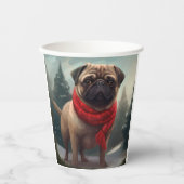 雪のクリスマスにパグ犬 紙コップ (正面)