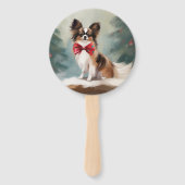 雪のクリスマスにパピロン犬 ハンドファン (正面)