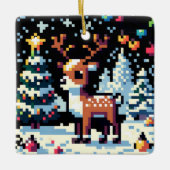 雪のクリスマスにピクセルアートトナカイ セラミックオーナメント (正面)