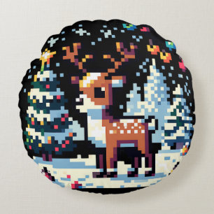 雪のクリスマスにピクセルアートトナカイ ラウンドクッション