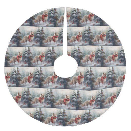 雪のクリスマスにフィンランドのラプンド犬 ブラッシュドポリエステルツリースカート (正面)