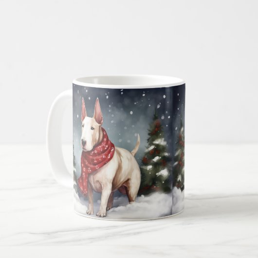 雪のクリスマスにブルテリア犬 コーヒーマグカップ (正面左)