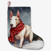 雪のクリスマスにブルテリア犬 スモールクリスマスストッキング (正面)