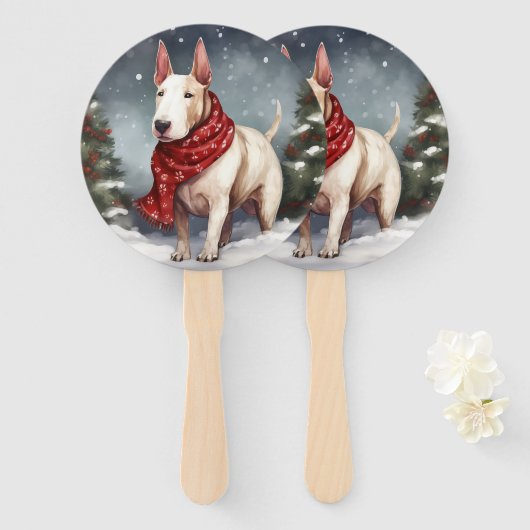 雪のクリスマスにブルテリア犬 ハンドファン (正面&裏面)