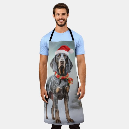 雪のクリスマスにブルーティック犬 エプロン (着用した状態)