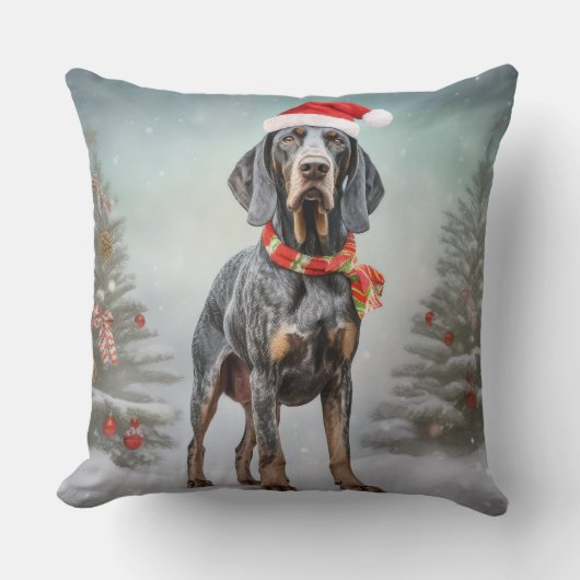 雪のクリスマスにブルーティック犬 クッション (正面)